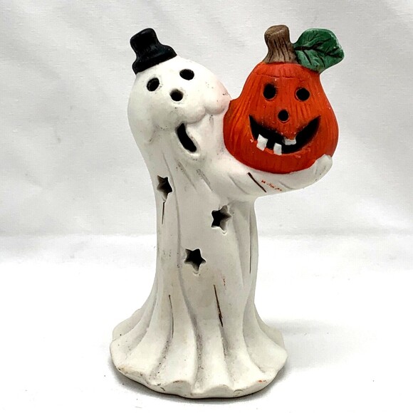 Halloween Ghost Figurine Holding a Pumpkin Seasonal Decor Autumn Ceramic - Picture 1 of 4
